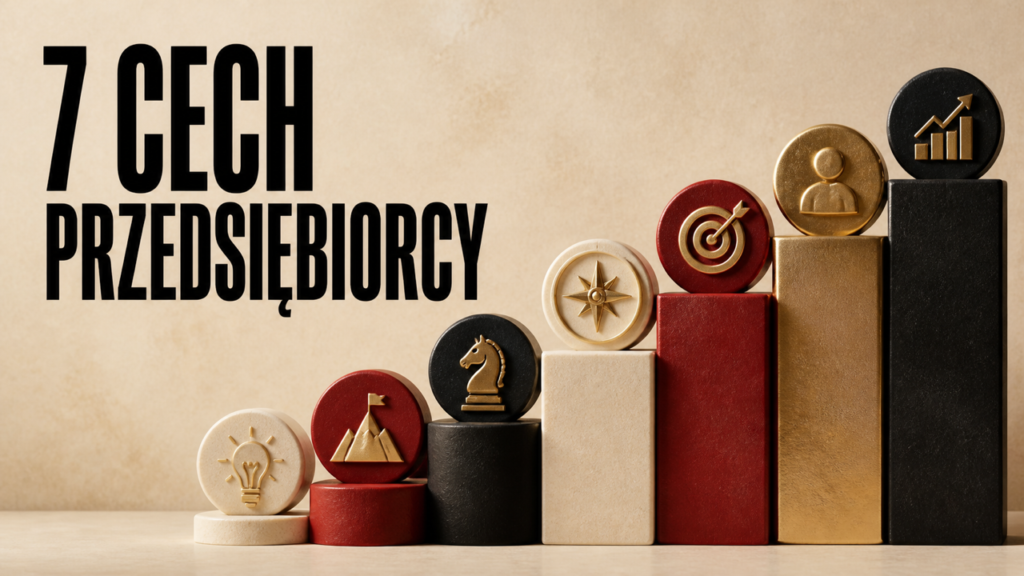 Siedem złotych symboli cech przedsiębiorcy na beżowym tle