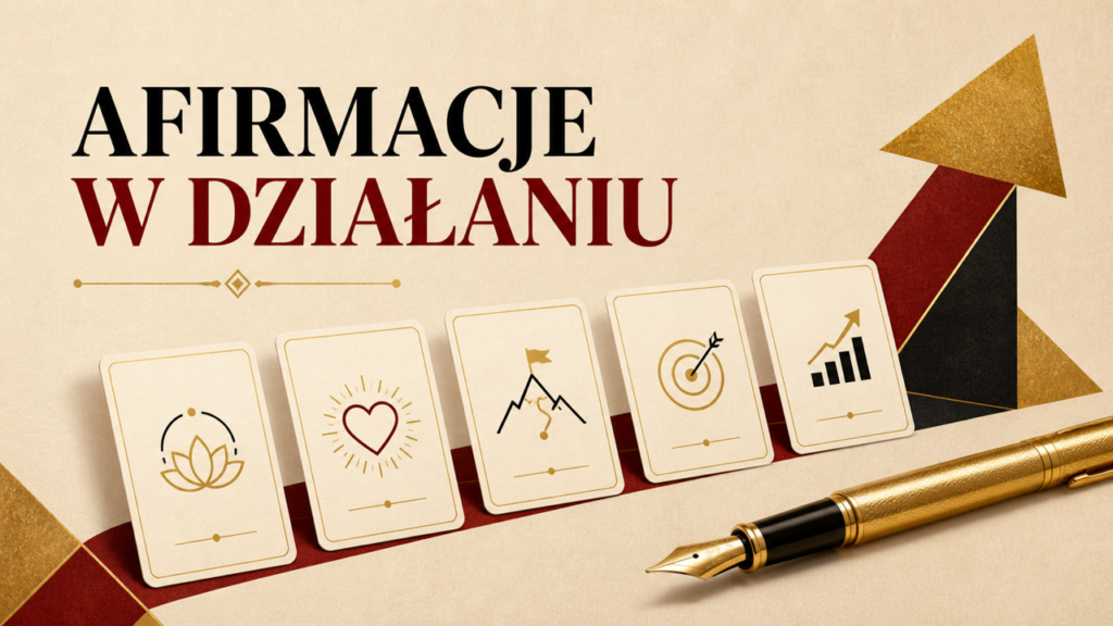 Pięć kart z afirmacjami prowadzących do działania na beżowym tle RBC