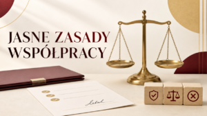 Waga, lista kontrolna i teczka na jasnym tle z napisem „Jasne zasady współpracy”