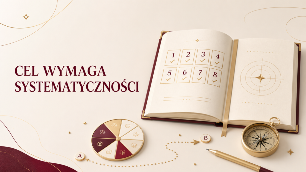 Otwarty dziennik, koło życia, kompas i droga od punktu A do B na jasnym tle
