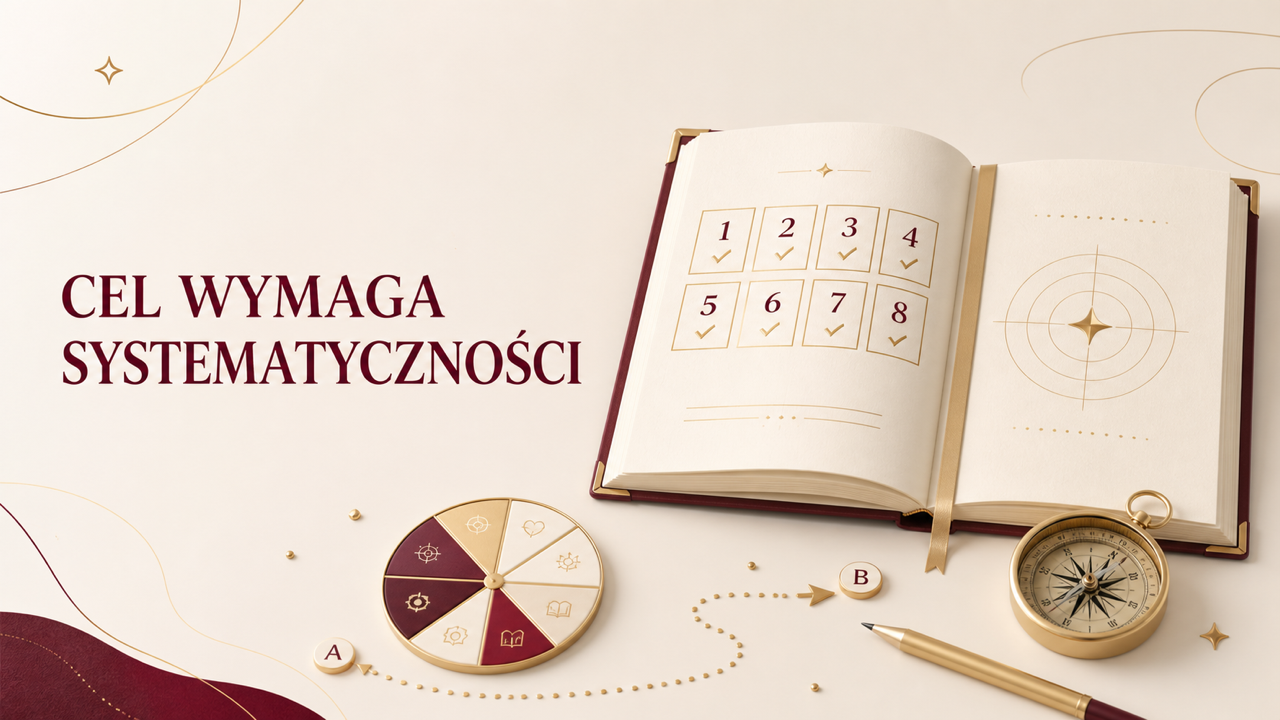 Otwarty dziennik, koło życia, kompas i droga od punktu A do B na jasnym tle