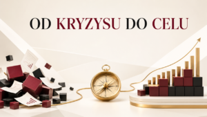 Kompas, uporządkowane klocki, wykres wzrostu i złota linia prowadząca z chaosu do celu na jasnym tle