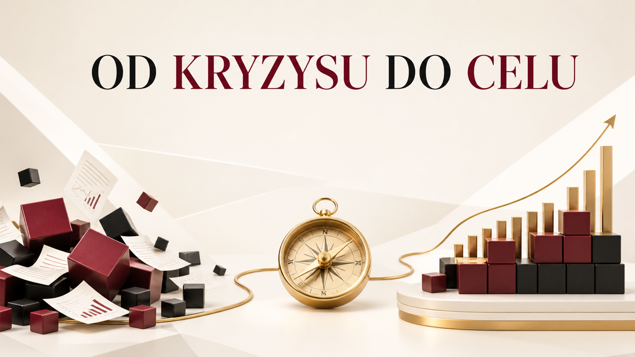 Kompas, uporządkowane klocki, wykres wzrostu i złota linia prowadząca z chaosu do celu na jasnym tle