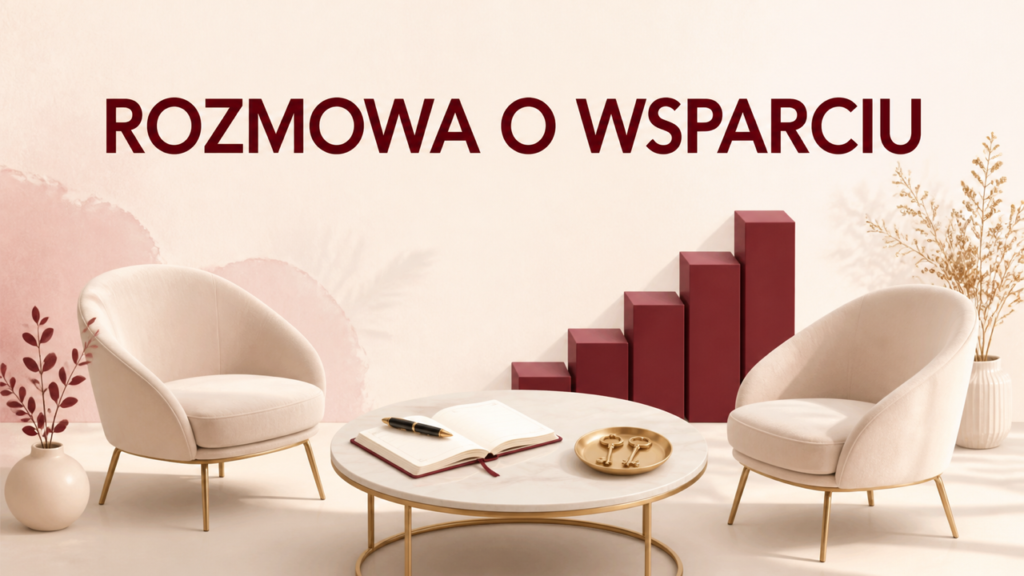 Dwa fotele, klucze, planer i bordowe stopnie symbolizujące rozmowę o wsparciu w rozwoju