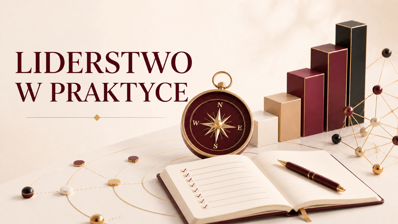 Bordowy kompas, otwarty notes i rosnące bloki symbolizujące przywództwo rozwijane w praktyce