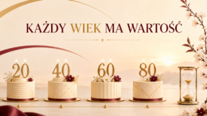 Cztery torty z liczbami 20, 40, 60 i 80 oraz klepsydra na jasnym tle z napisem „Każdy wiek ma wartość”