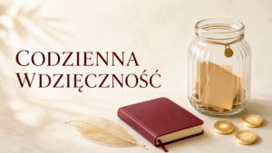 Szklany słoik wdzięczności z symbolicznymi złotymi kartami na jasnym tle
