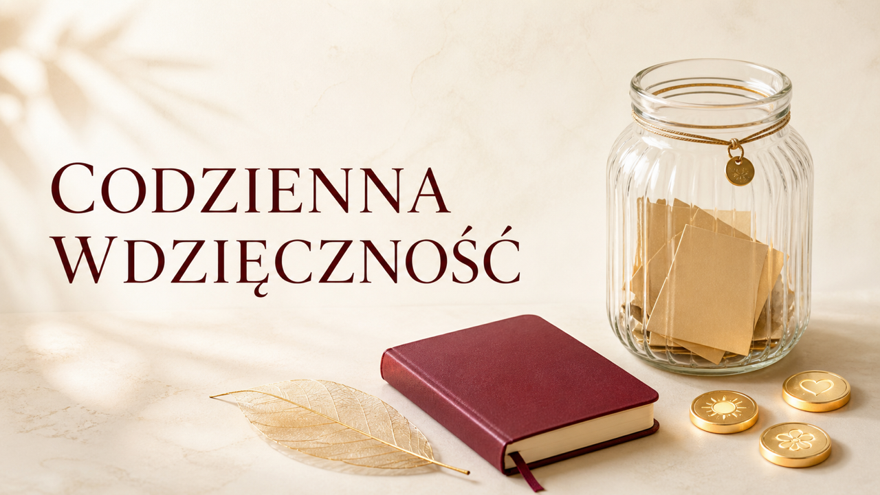 Szklany słoik wdzięczności z symbolicznymi złotymi kartami na jasnym tle