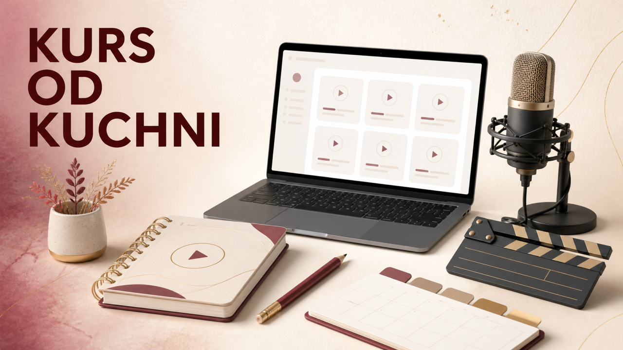 Laptop, mikrofon, zeszyt ćwiczeń i kalendarz na jasnym tle