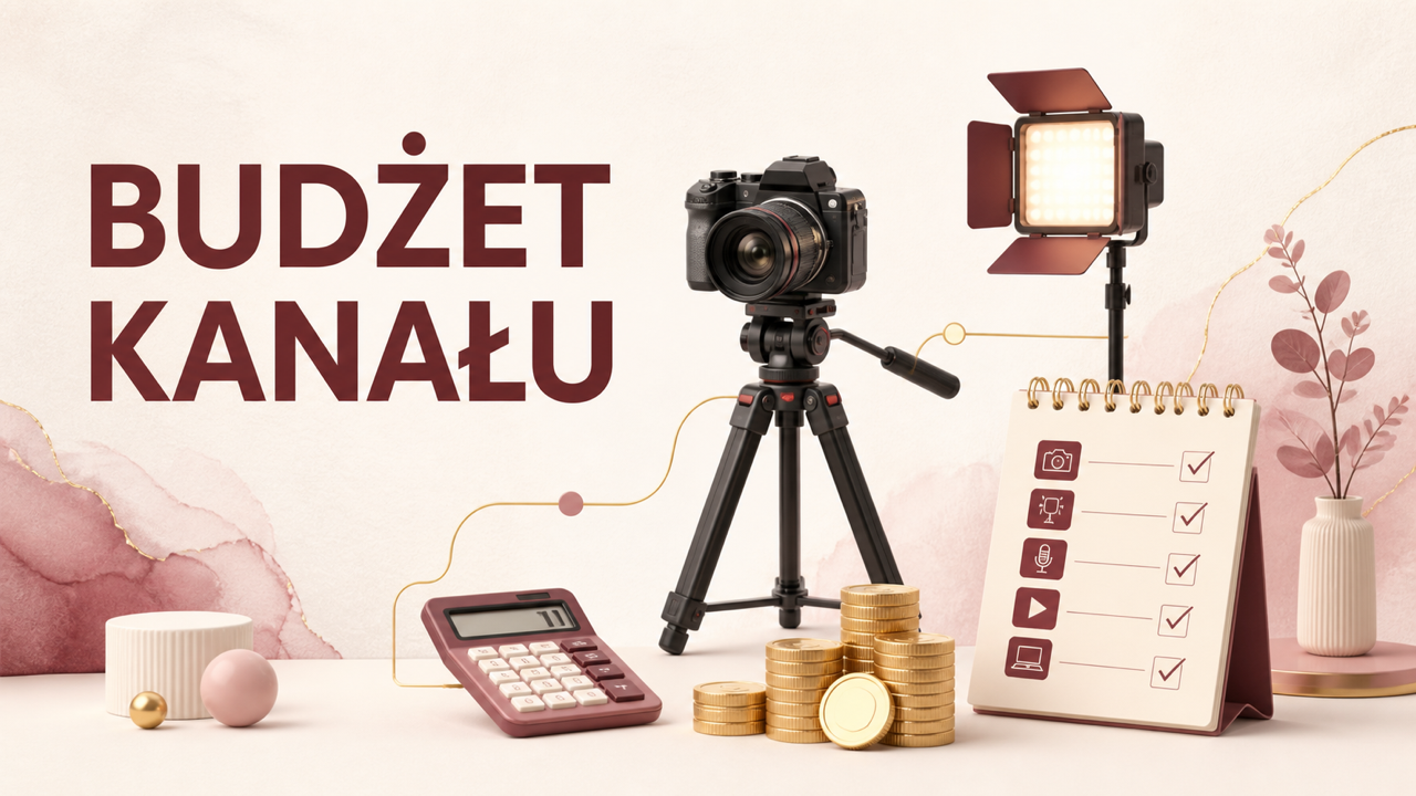 Aparat, lampa, kalkulator, monety i checklista symbolizujące budżet kanału YouTube