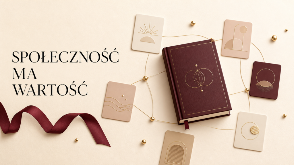 Jasna książka połączona złotymi liniami z abstrakcyjnymi kartami symbolizującymi wartość społeczności
