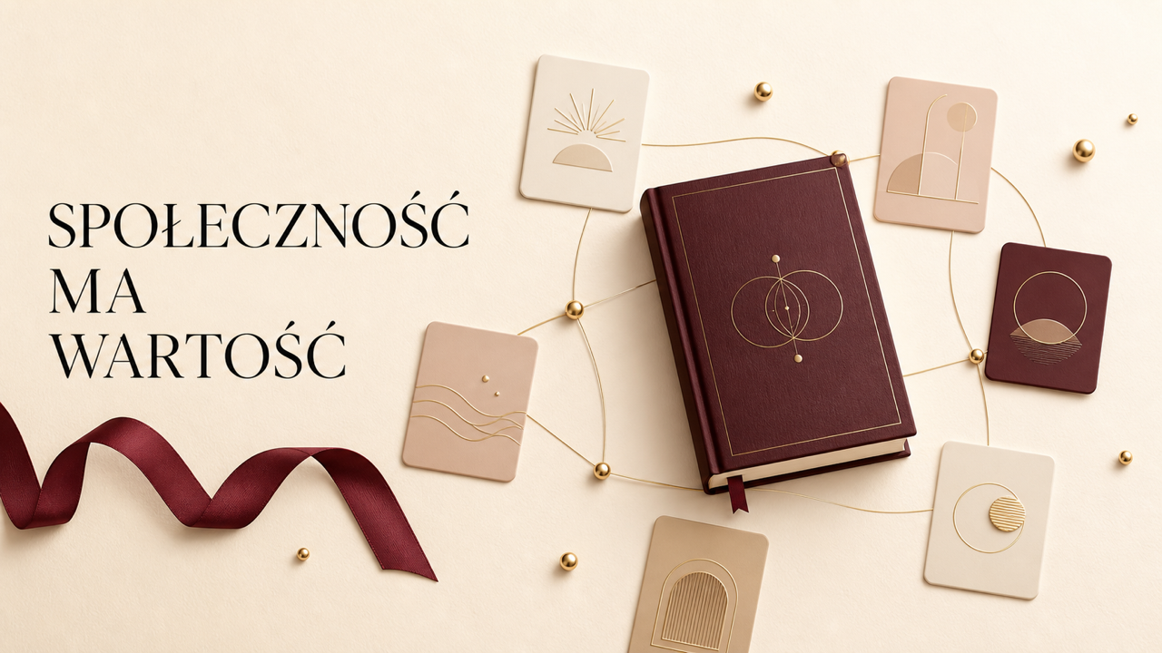 Jasna książka połączona złotymi liniami z abstrakcyjnymi kartami symbolizującymi wartość społeczności