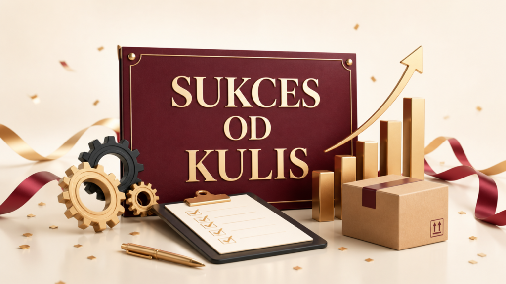 Bordowa tablica kampanii, złoty wykres, koła zębate i lista kontrolna symbolizujące sukces od kulis