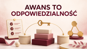 Złoty klucz nad schodami, checklista i połączone punkty symbolizujące awans oraz odpowiedzialność