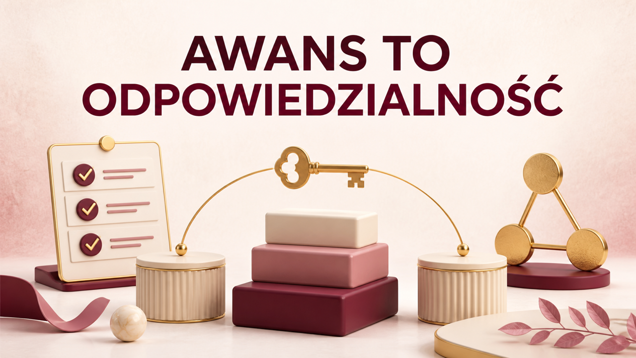 Złoty klucz nad schodami, checklista i połączone punkty symbolizujące awans oraz odpowiedzialność