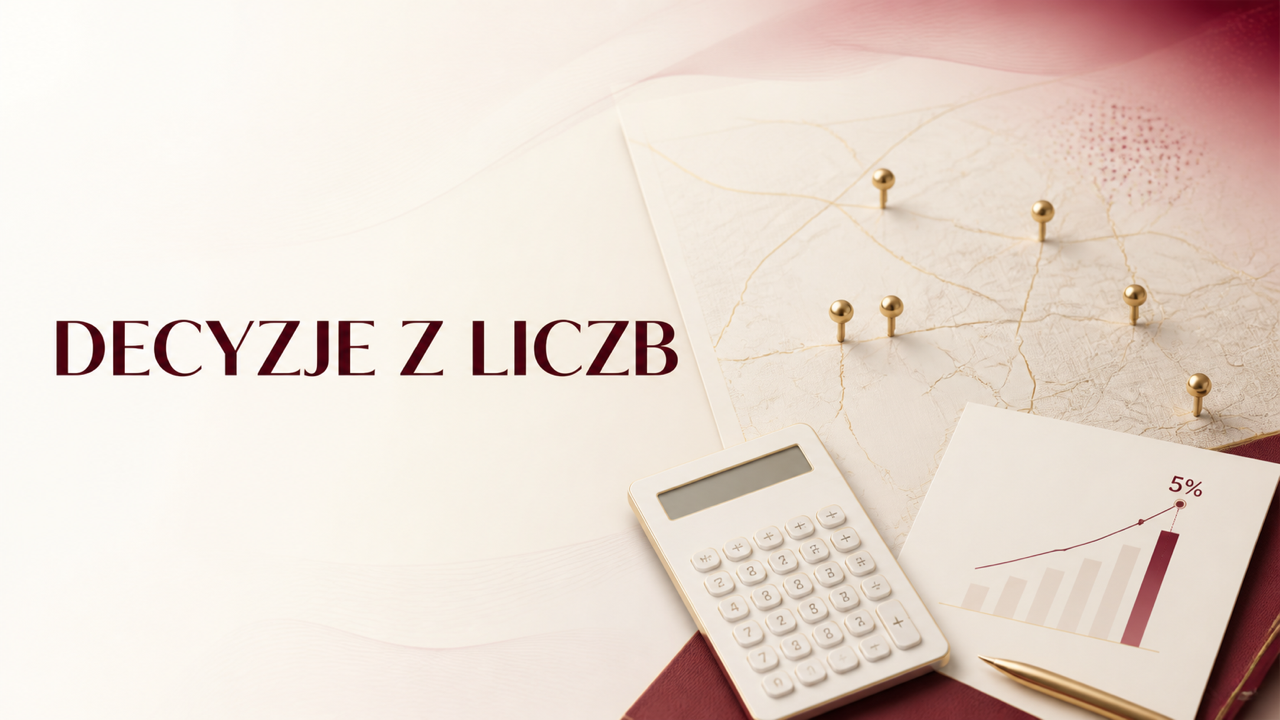 Mapa z pinezkami, kalkulator i wykres 5 procent jako symbol decyzji biznesowych opartych na liczbach