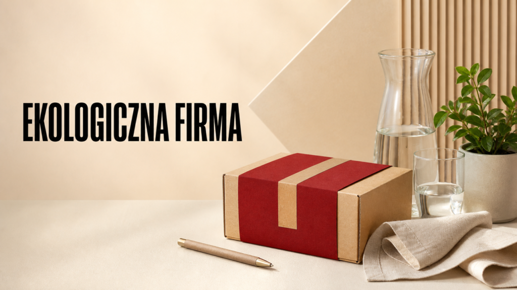 Papierowa paczka, roślina i biurowe akcesoria symbolizujące ekologiczną firmę