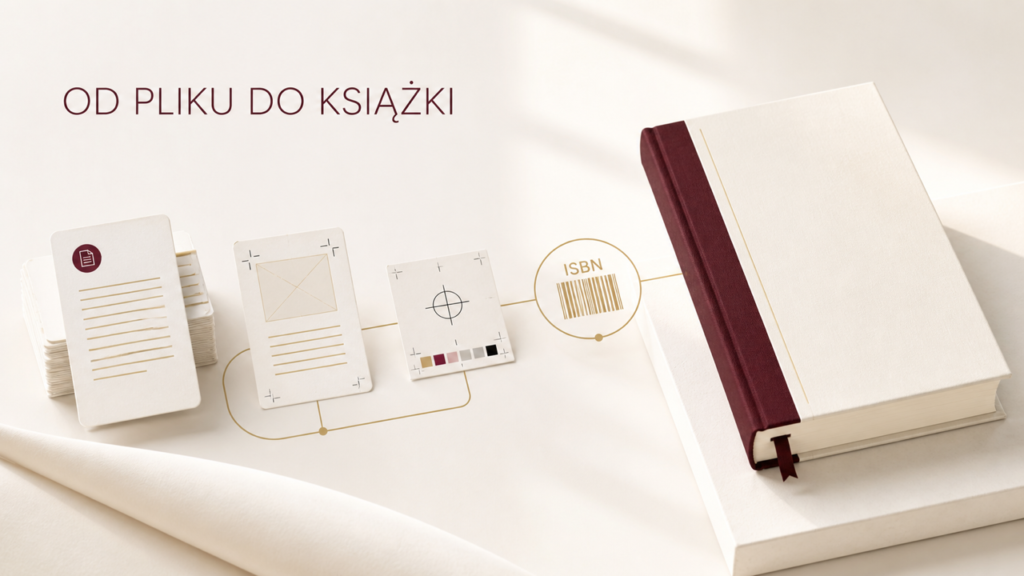 Jasna książka, karty projektu i symbol ISBN pokazujące etapy samodzielnego wydania