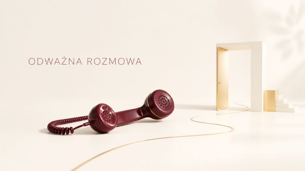 Bordowa słuchawka telefonu i złota droga prowadząca do otwartych drzwi z napisem Odważna rozmowa