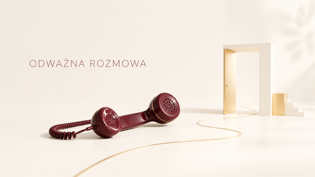 Bordowa słuchawka telefonu i złota droga prowadząca do otwartych drzwi z napisem Odważna rozmowa