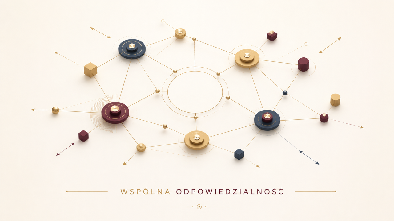 Sieć różnych złotych figur połączonych wokół jasnego centrum z napisem Wspólna odpowiedzialność