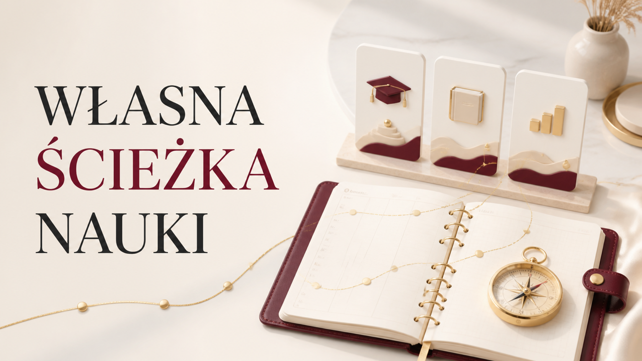 Otwarty planer, trzy karty tematów, złota ścieżka i kompas na jasnym tle