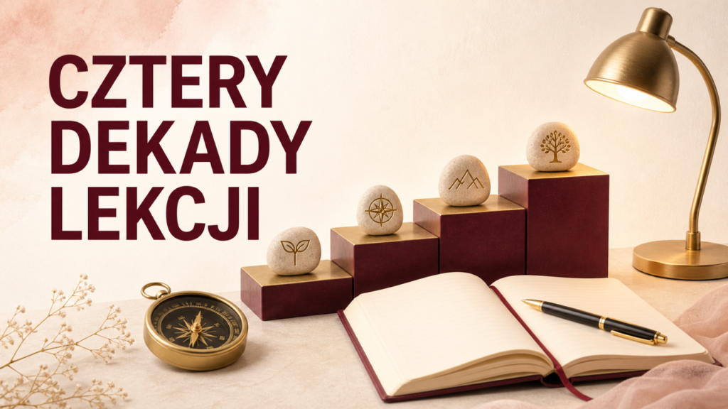 Cztery bordowe stopnie, kamienie milowe, kompas i otwarty dziennik symbolizujące cztery dekady lekcji