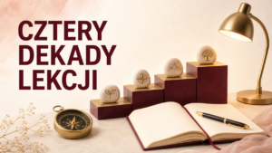 Cztery bordowe stopnie, kamienie milowe, kompas i otwarty dziennik symbolizujące cztery dekady lekcji