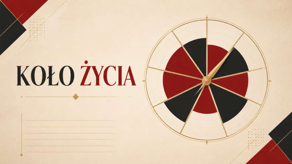 Koło życia podzielone na osiem obszarów na beżowo-czerwonym tle