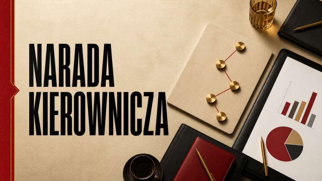 Złoty stół narady kierowniczej z dokumentami i czerwonymi znacznikami decyzji