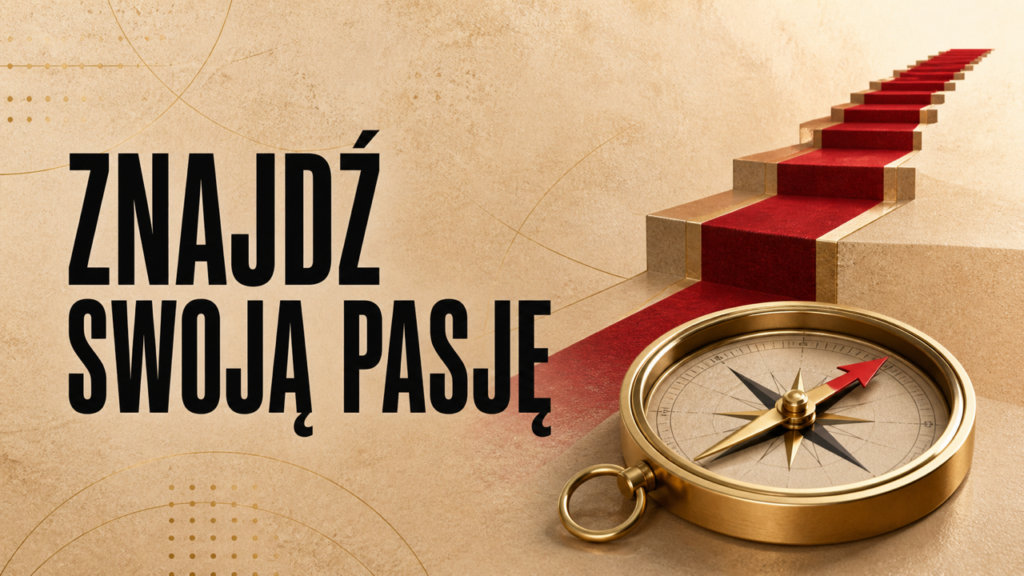 Złoty kompas wskazujący drogę do pasji na beżowo-czerwonym tle